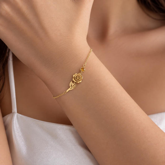 Birth flower bracelet worn on the wrist