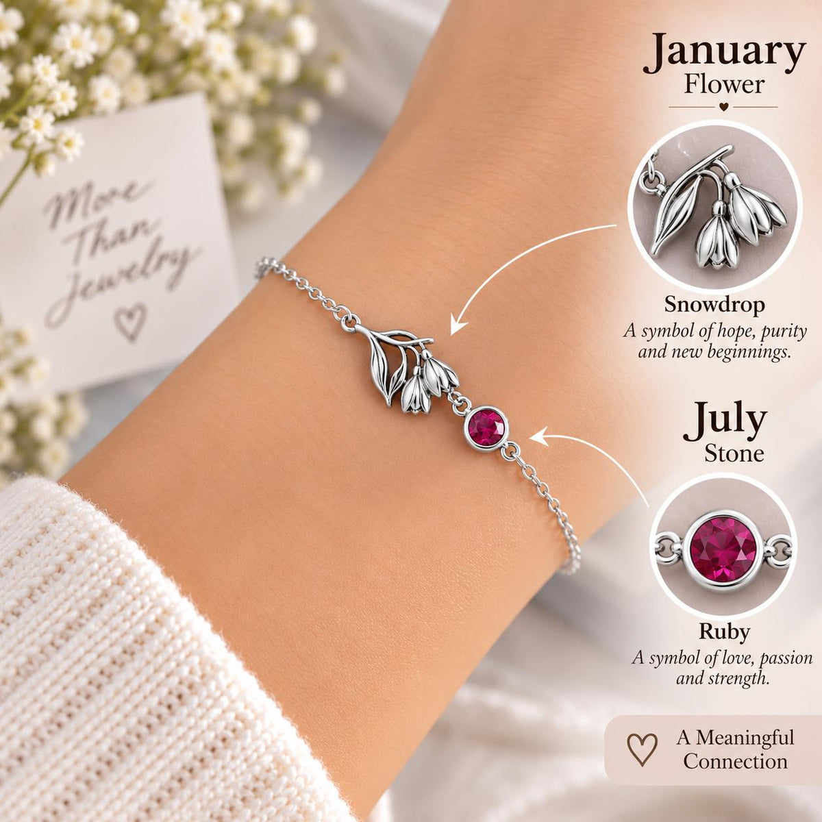 July birth flower bracelet with a ruby red stone