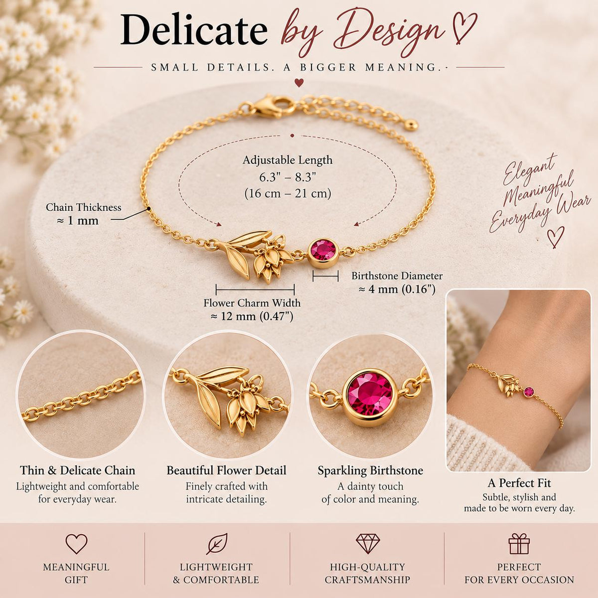 Gold tone birth flower bracelet details