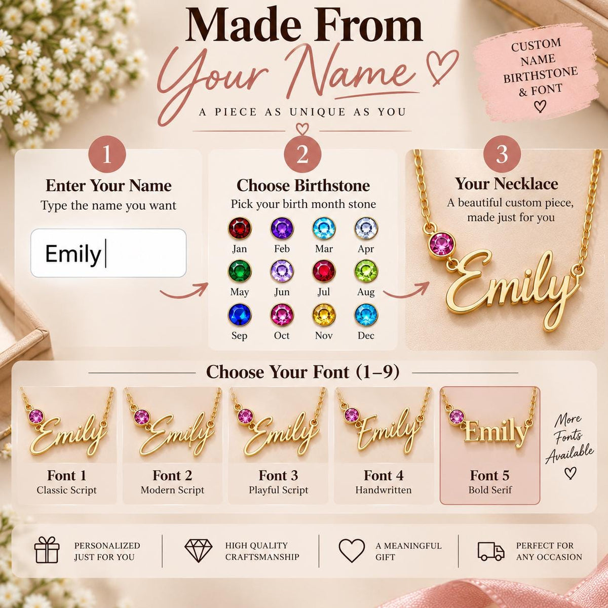 How to order the name necklace with birthstone