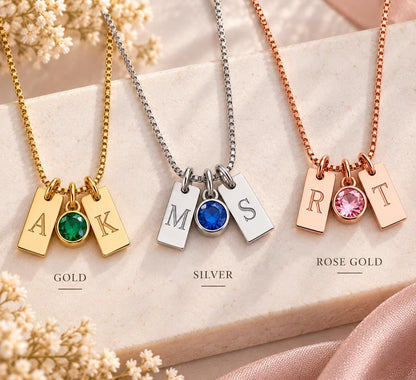 Initial tag necklace in gold, silver and rose gold tone