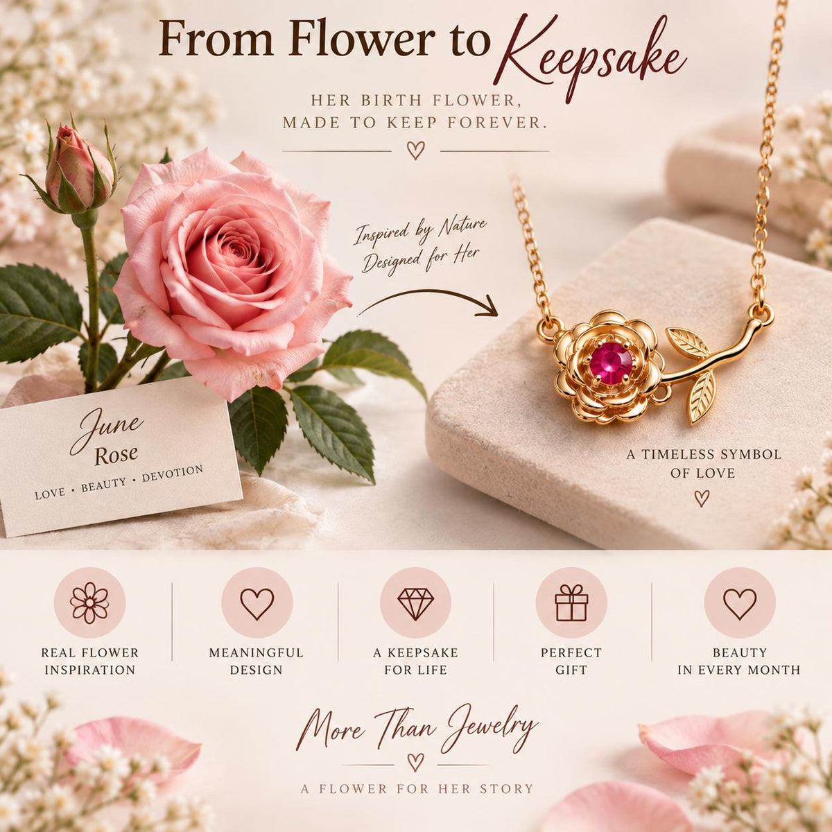 June rose flower necklace with a red stone