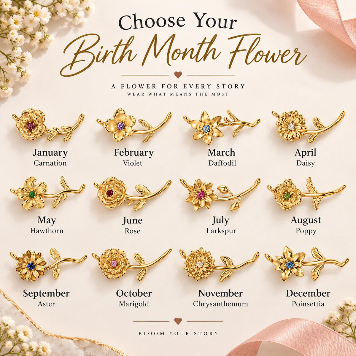 Chart of the 12 birth month flower pendants
