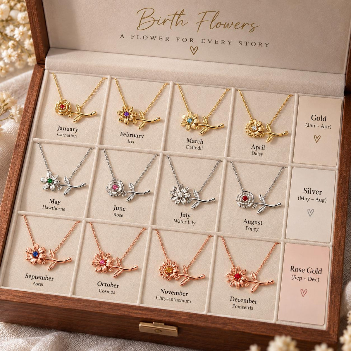 Birth month flower necklaces in gold, silver and rose gold tone