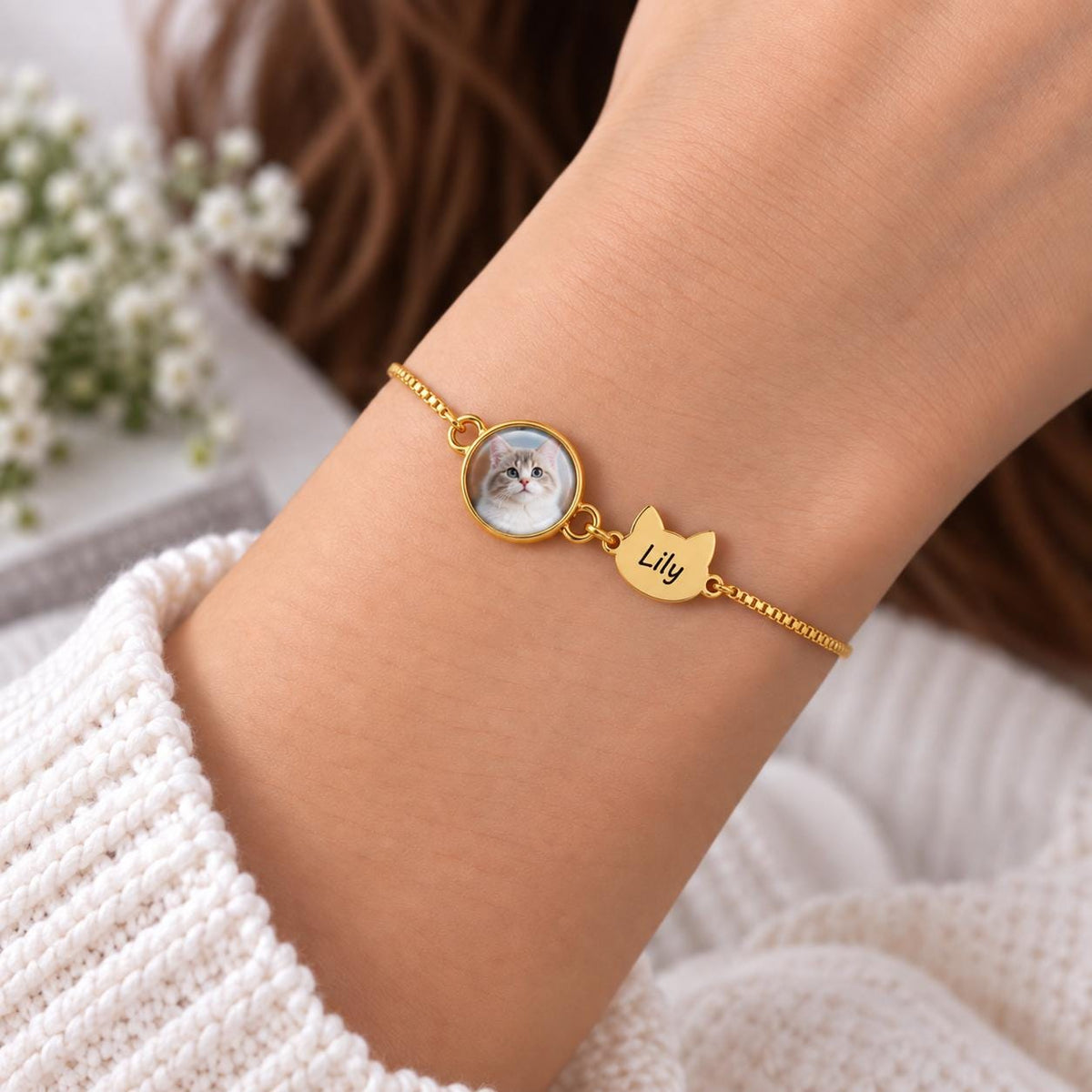 Gold tone pet photo bracelet with a cat name charm