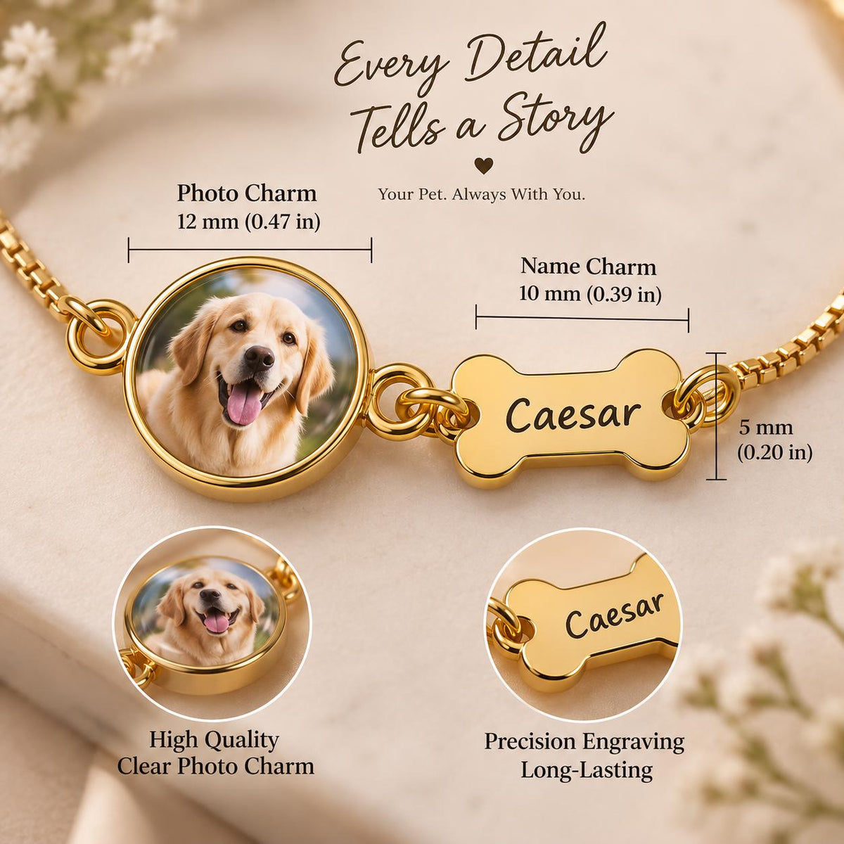 Photo charm and engraved name charm sizes