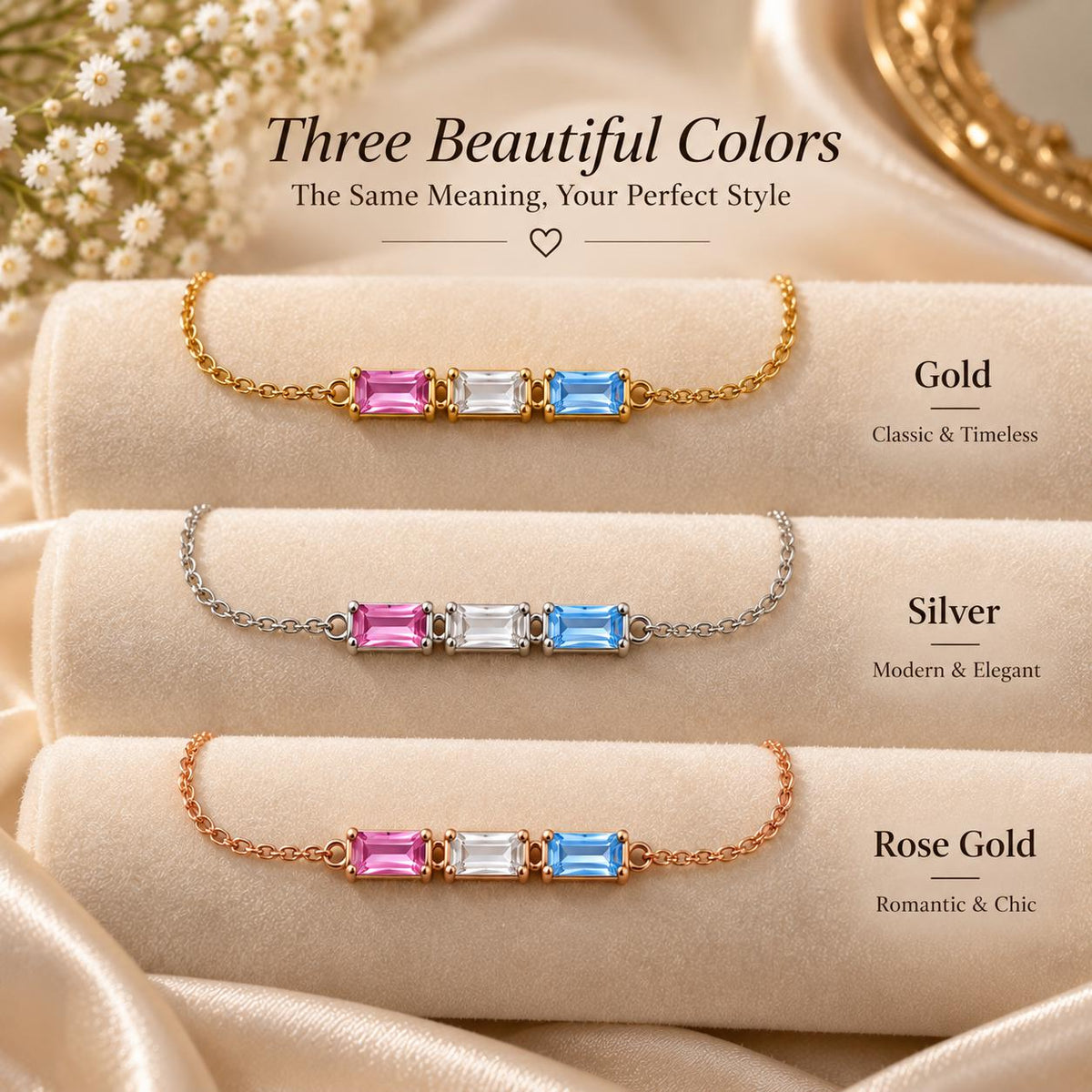Baguette birthstone bracelet in gold, silver and rose gold tone