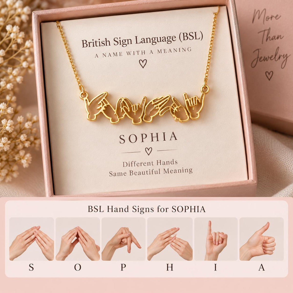 Gold tone BSL name necklace spelling Sophia in a gift box