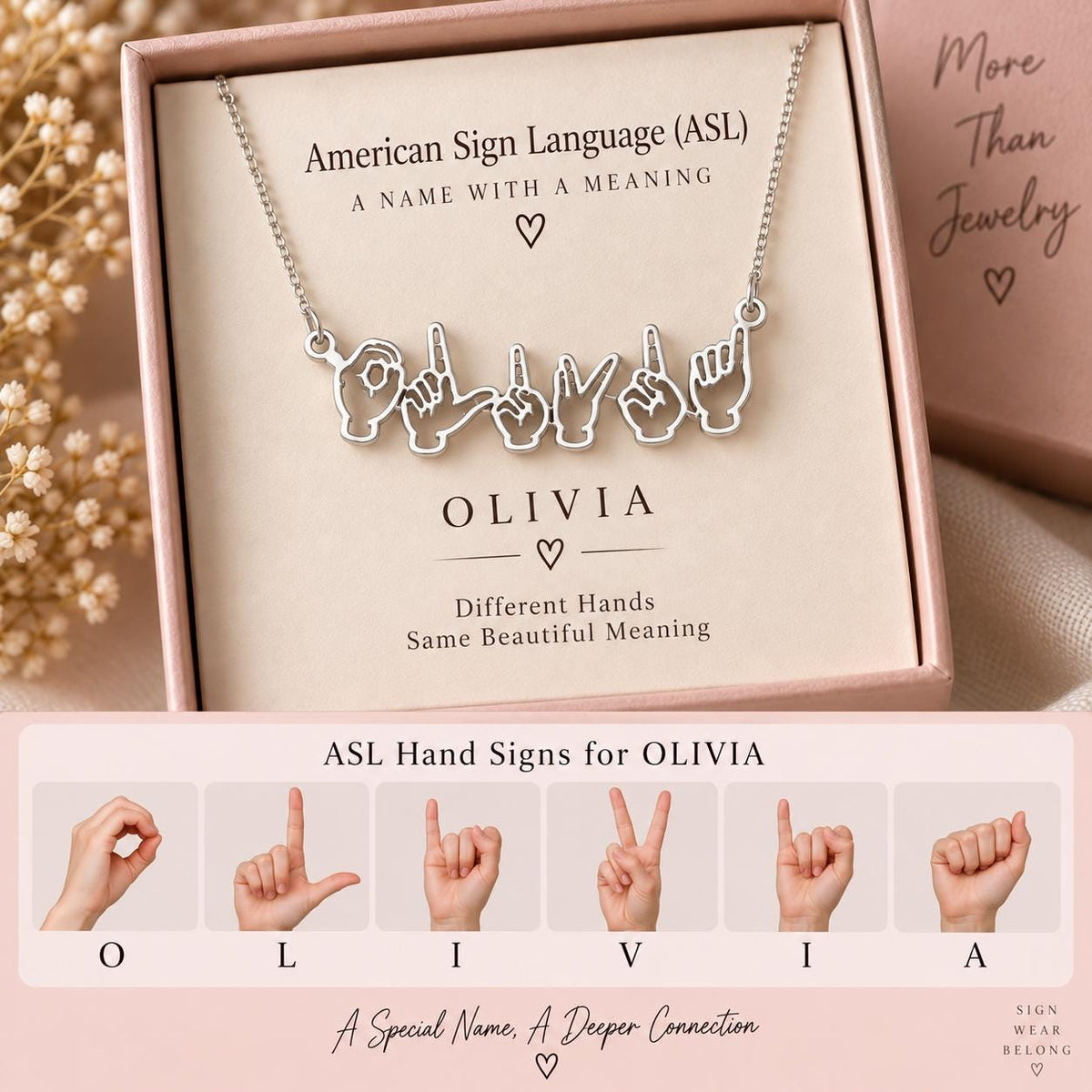 Silver tone ASL name necklace spelling Olivia in a gift box