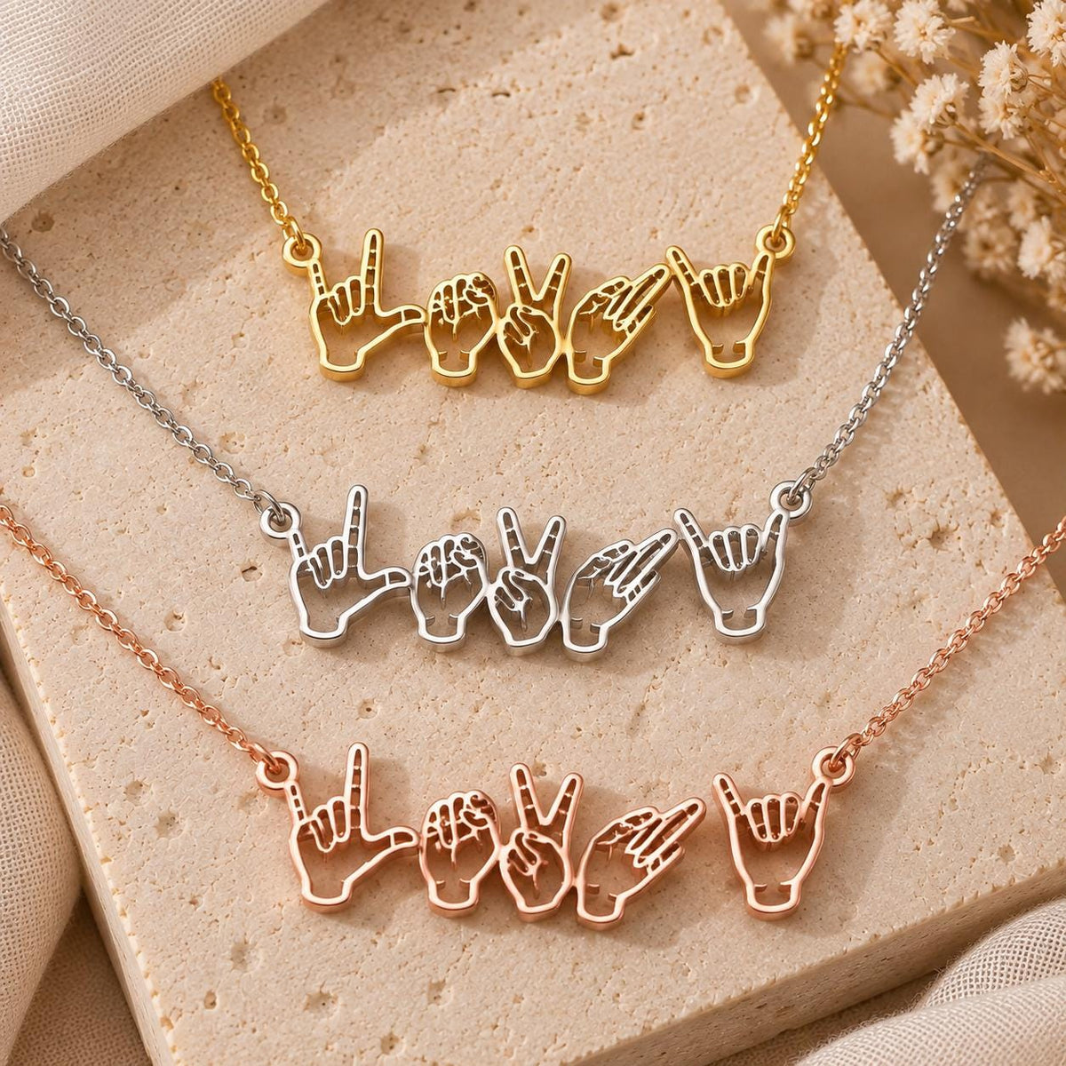 Sign language name necklace in gold, silver and rose gold tone