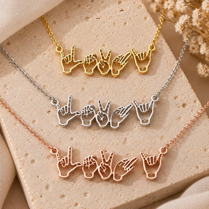 Sign language name necklace in gold, silver and rose gold tone
