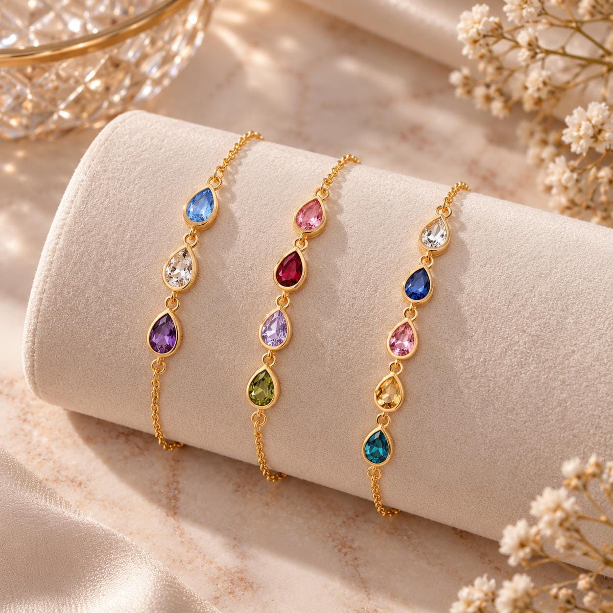 Leaf birthstone bracelets with different stone counts