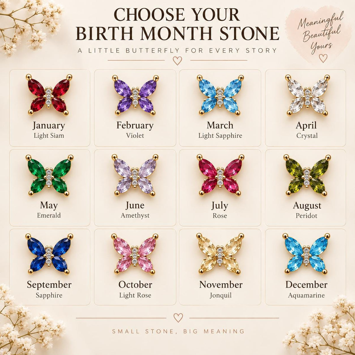 Chart of the 12 butterfly birthstone colors