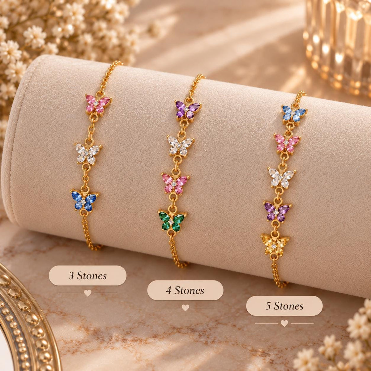 Butterfly birthstone bracelets with 3, 4 and 5 stones