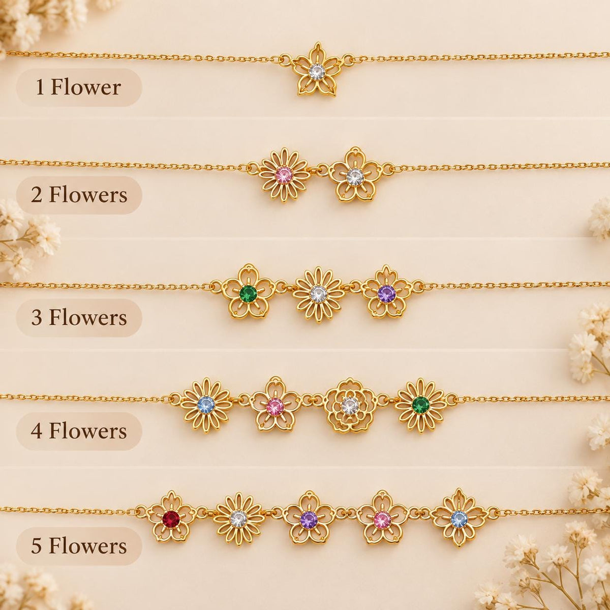Family birth flower necklace with 1 to 5 flowers