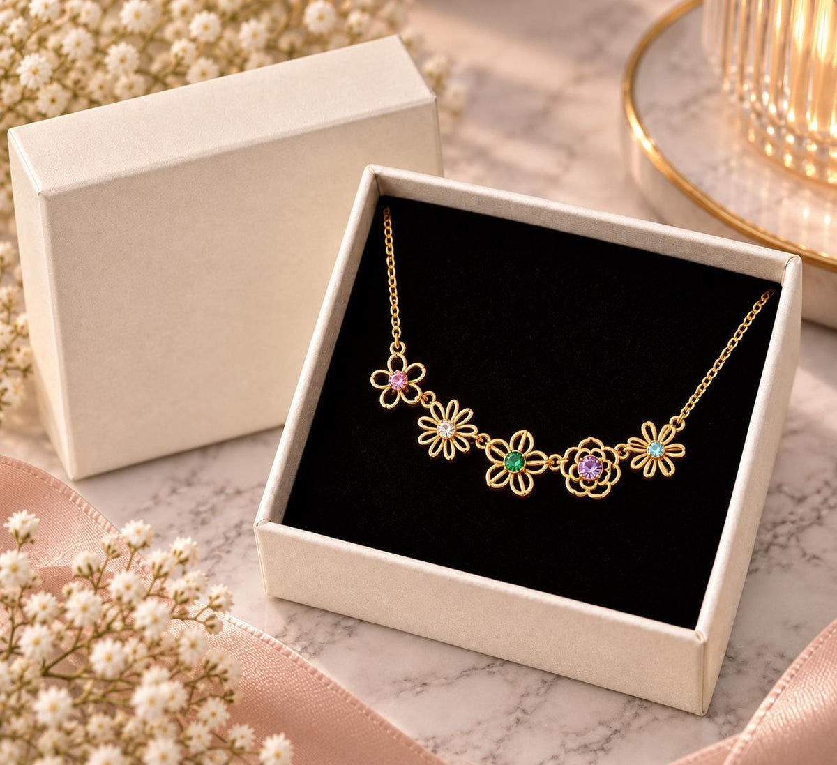 Gold tone family birth flower necklace in a gift box