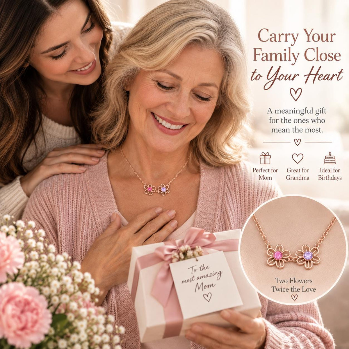 Mother and daughter with a family birth flower necklace gift