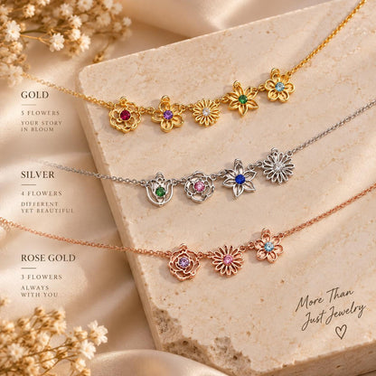 Family birth flower necklace in gold, silver and rose gold tone
