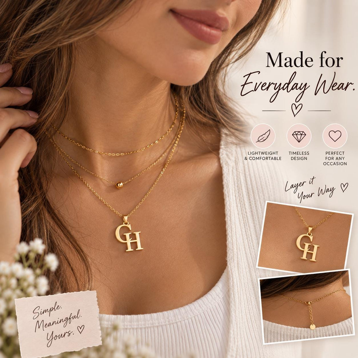 Gold tone double initial necklace worn every day