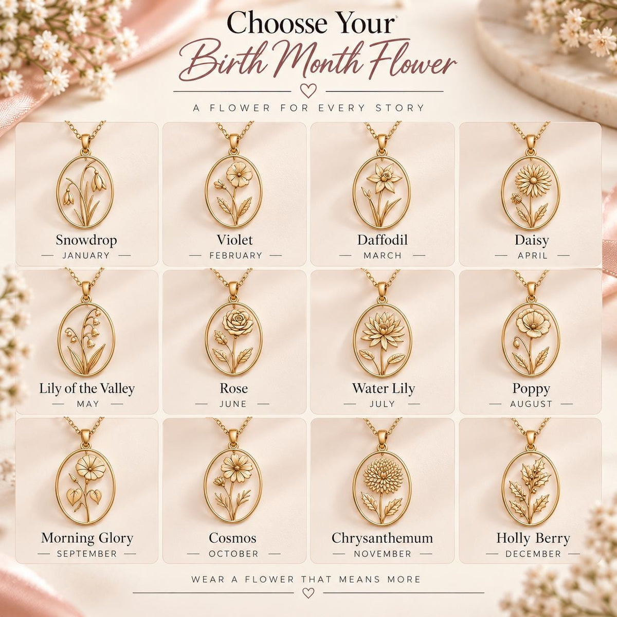 Chart of the 12 birth month flowers for the necklace