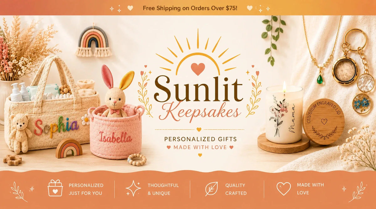 Sunlit Keepsakes banner showing personalized name baskets, an engraved candle and a birthstone necklace