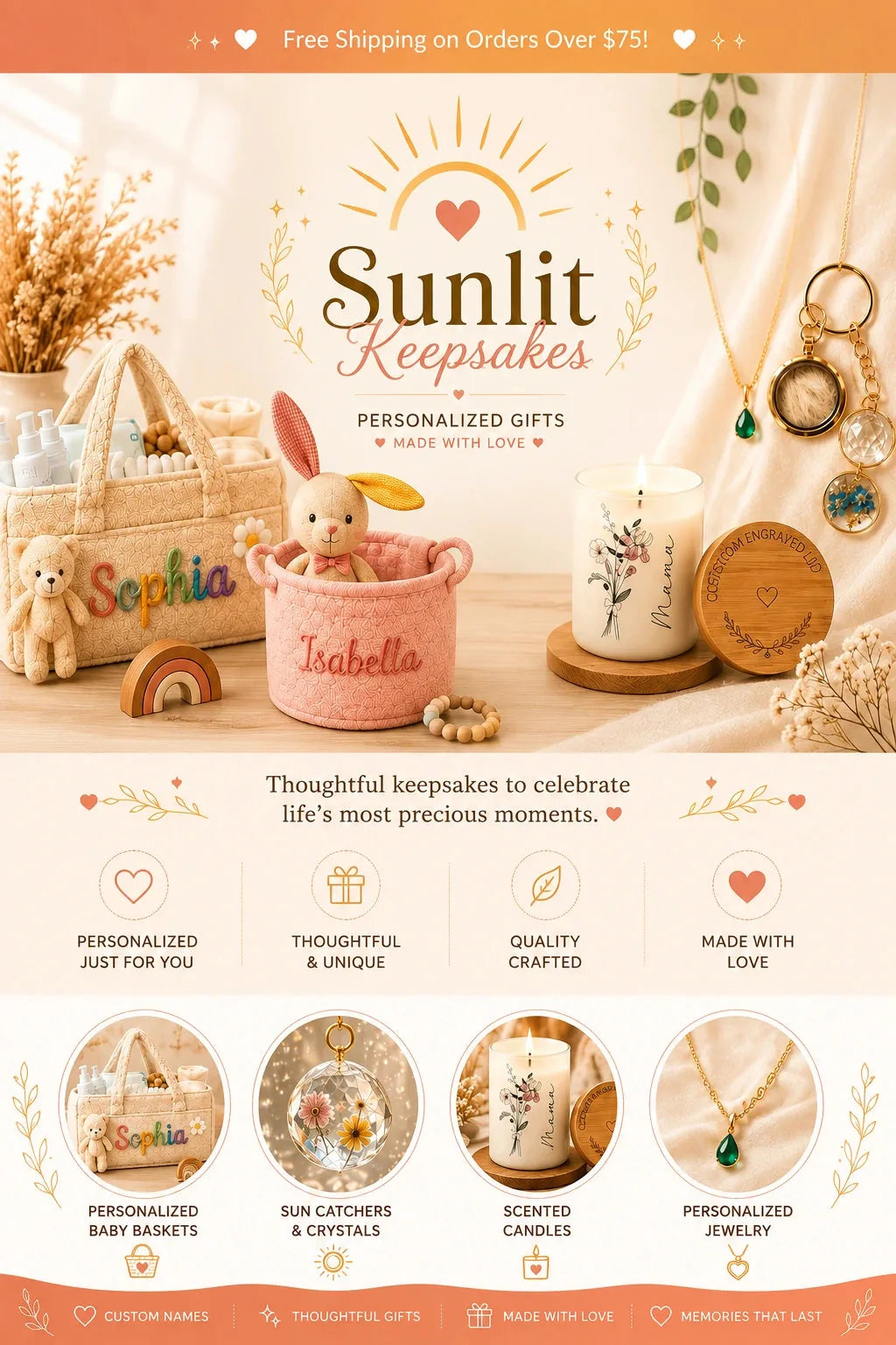 Sunlit Keepsakes hero banner with personalized baby baskets, sun catchers, scented candles and custom jewellery, made with love